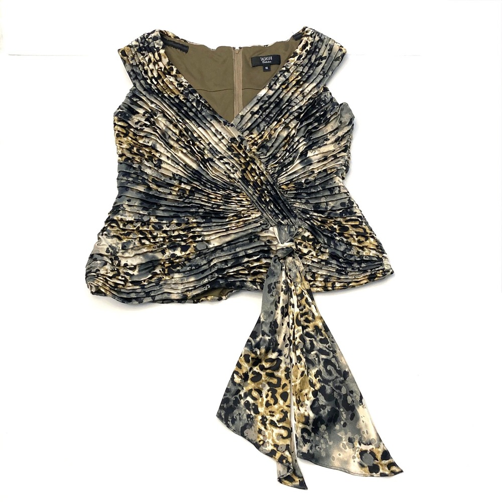 Tadashi‎ Animal Print Silk Pleated Faux Wrap Blouse Top Womens 16 Brown